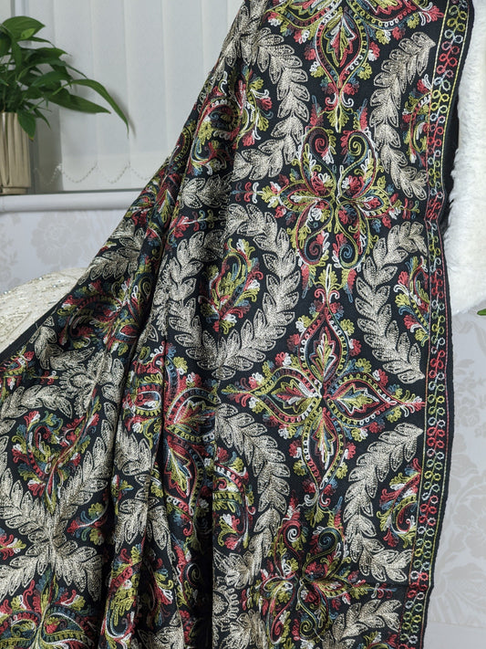 Black Pashmina Wool Silver Zari Embroidered Shawl