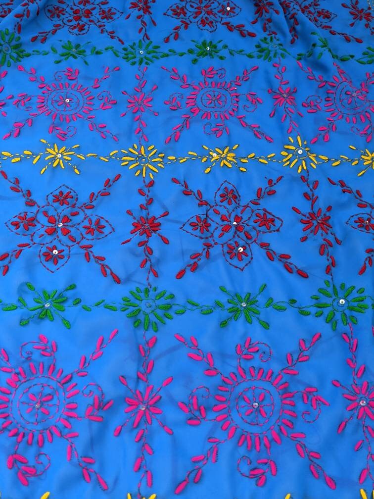 Blue Hand Embroidered Phulkari Dupatta Scarf