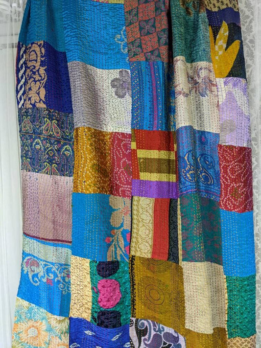 Vintage Reversible Hand Embroidered Patchwork Silk Kantha Stole Dupatta