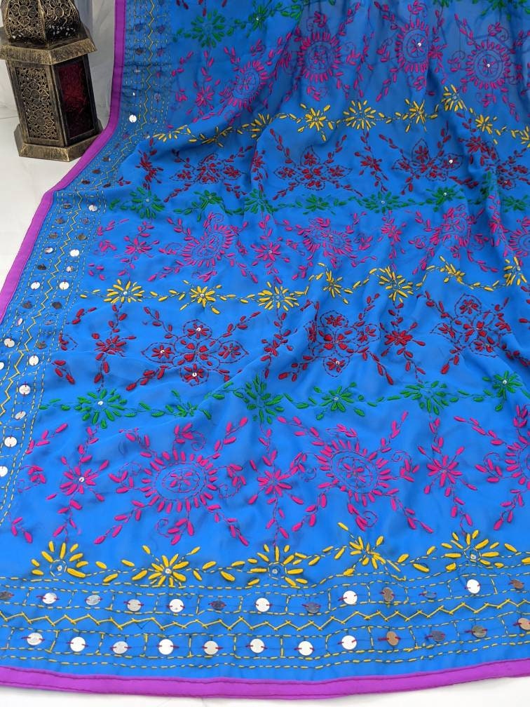 Blue Hand Embroidered Phulkari Dupatta Scarf