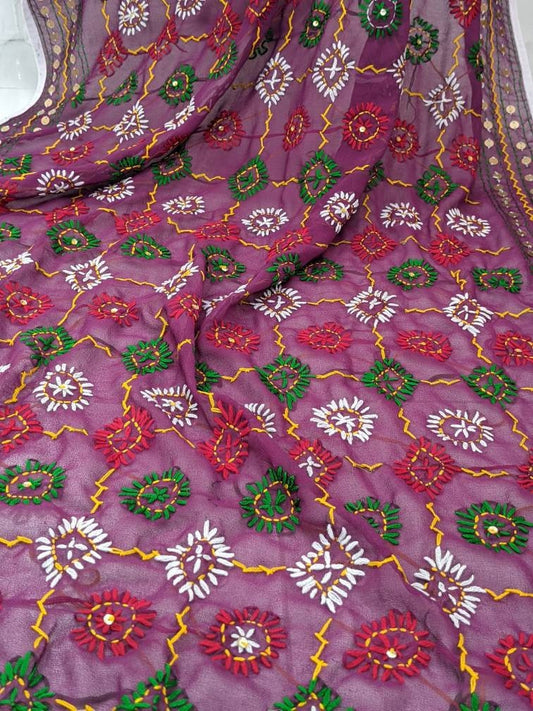 Purple Hand Embroidered Phulkari Dupatta Scarf