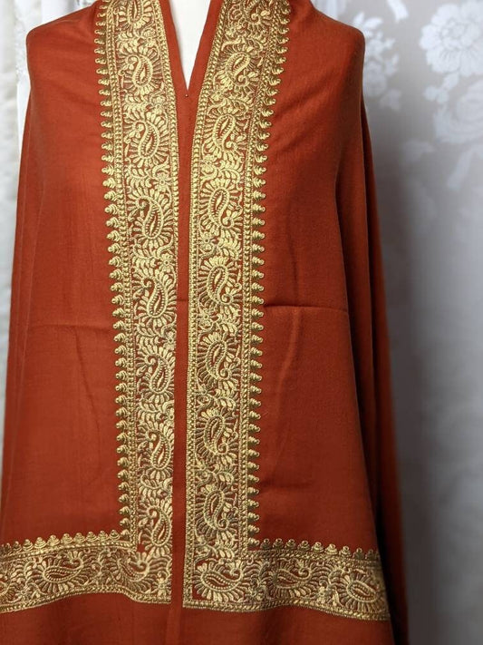 Rust Orange Pashmina Wool Embroidered Shawl