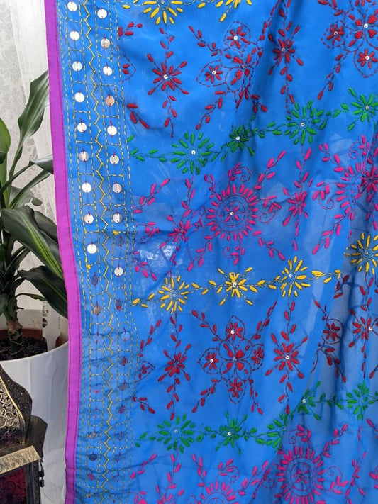 Blue Hand Embroidered Phulkari Dupatta Scarf