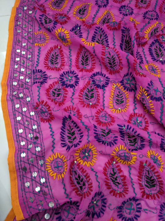 Magenta Hand Embroidered Phulkari Dupatta