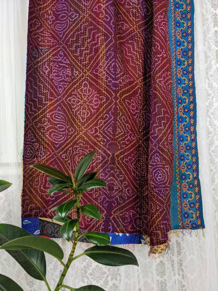 Vintage Reversible Hand Embroidered Patchwork Silk Kantha Stole Dupatta