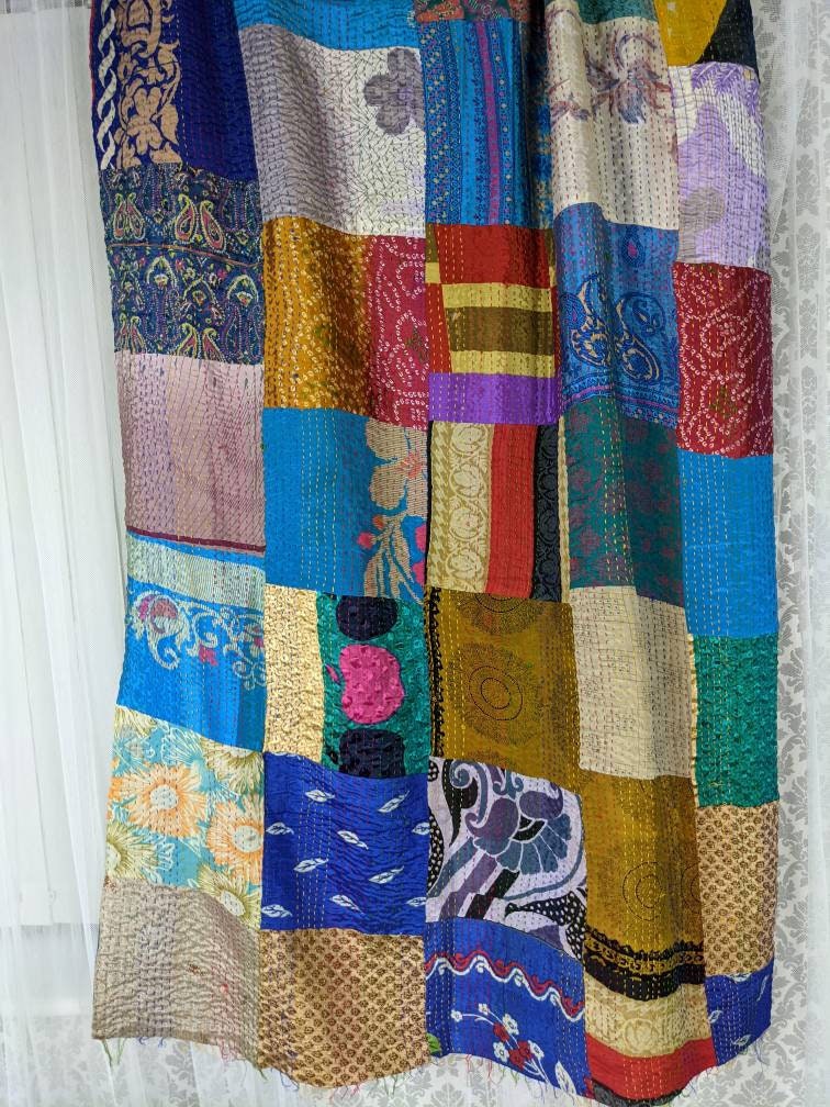 Vintage Reversible Hand Embroidered Patchwork Silk Kantha Stole Dupatta