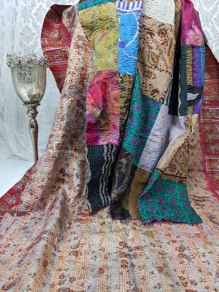 Vintage Reversible Hand Embroidered Patchwork Silk Kantha Stole Dupatta