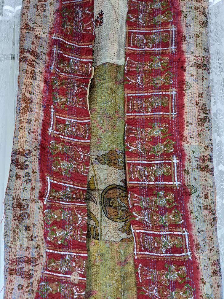 Vintage Reversible Hand Embroidered Patchwork Silk Kantha Stole Dupatta