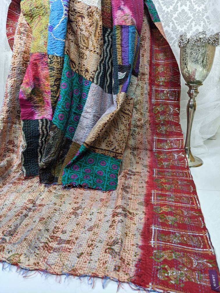 Vintage Reversible Hand Embroidered Patchwork Silk Kantha Stole Dupatta