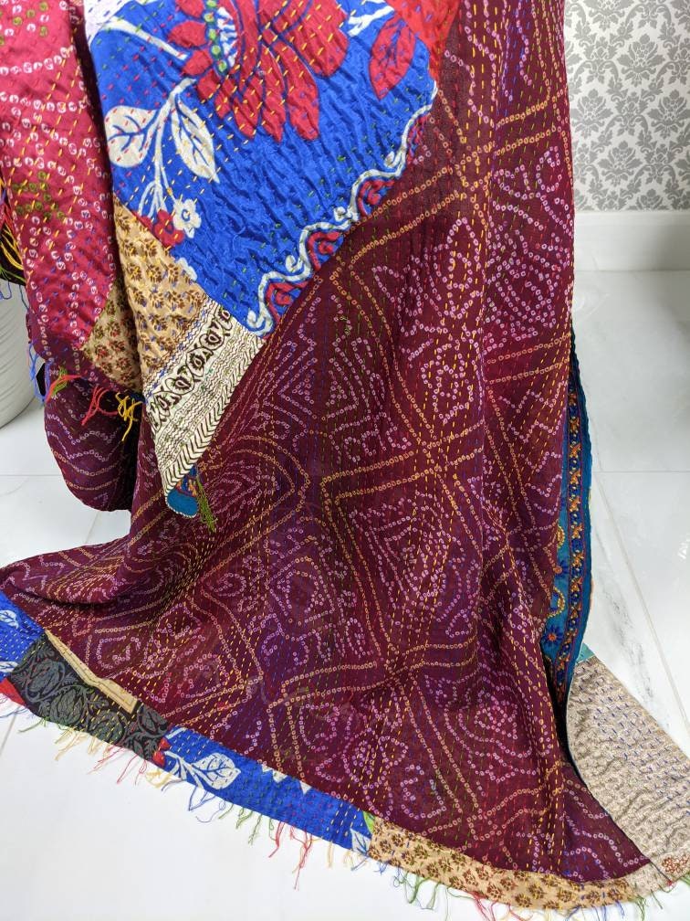 Vintage Reversible Hand Embroidered Patchwork Silk Kantha Stole Dupatta