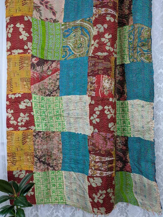 Vintage Reversible Hand Embroidered Patchwork Silk Kantha Stole Dupatta