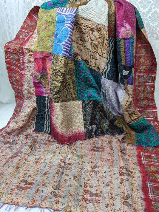 Vintage Reversible Hand Embroidered Patchwork Silk Kantha Stole Dupatta