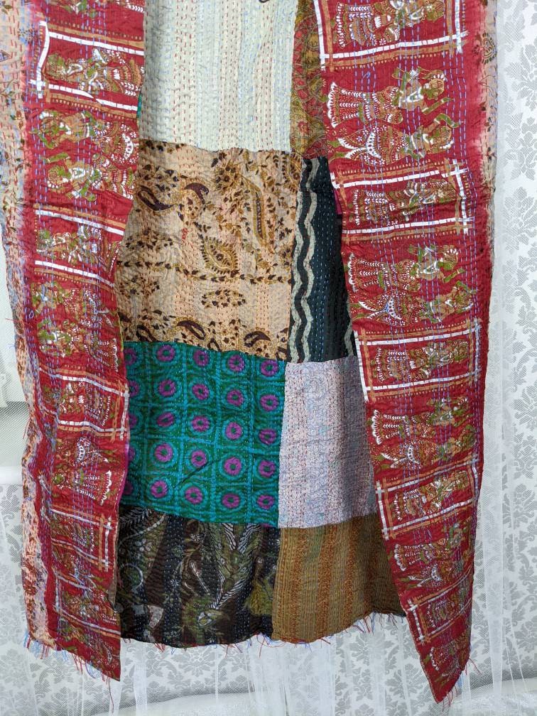 Vintage Reversible Hand Embroidered Patchwork Silk Kantha Stole Dupatta