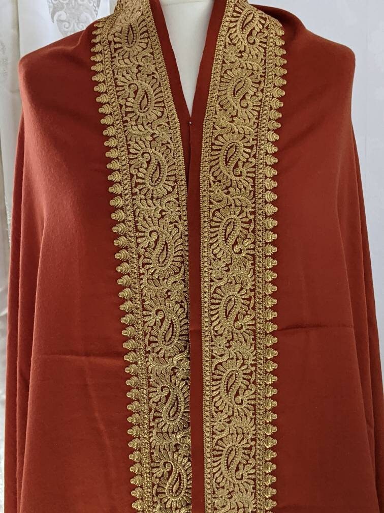 Rust Orange Pashmina Wool Embroidered Shawl